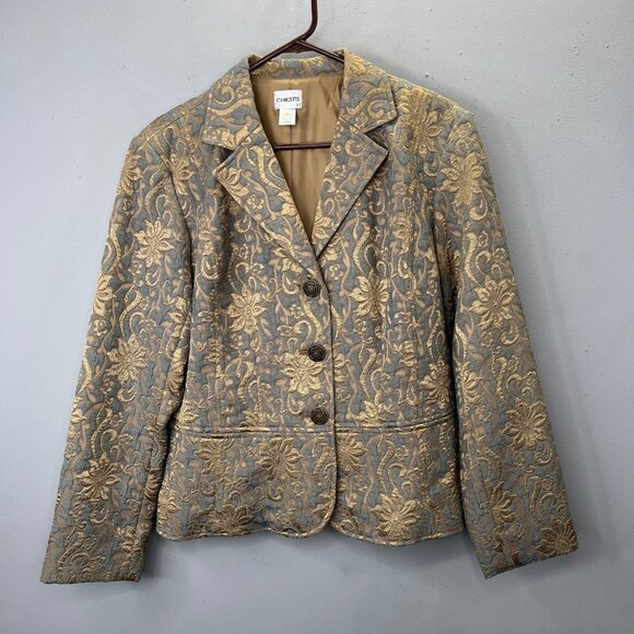 Chicos Brocade Blazer Jacket 2 L Tan Blue Gold Floral Vines Fancy Buttons - Picture 1 of 4